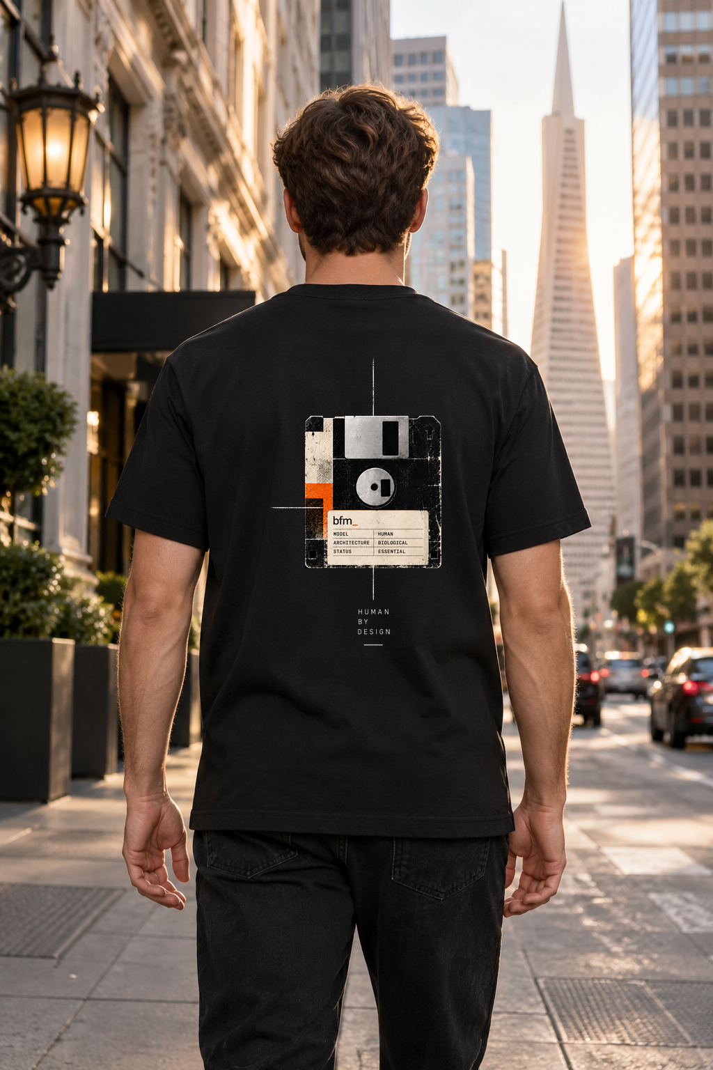 [art:ARCHIVE] BFM ARCHIVE — Bayside 5100 Black, back. AI-generated editorial image; not a photograph of the physical product.