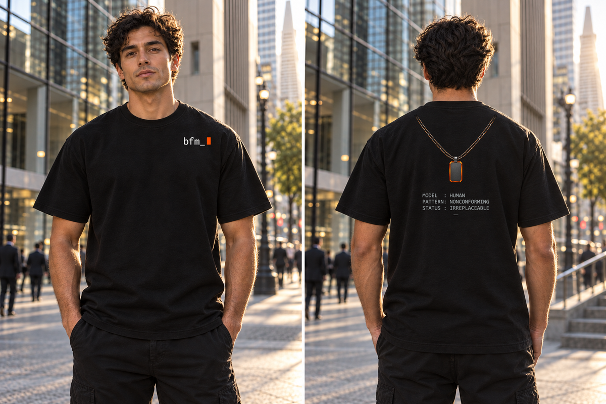 [art:ANOMALY] BFM ANOMALY — Bayside 5100 Black, front and back. AI-generated editorial image; not a photograph of the physical product.