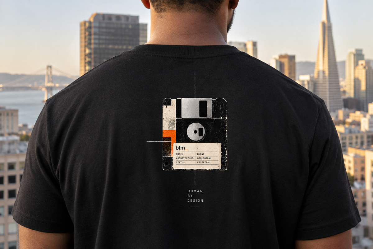 [art:ARCHIVE] BFM ARCHIVE — Bayside 5100 Black, back detail. AI-generated editorial image; not a photograph of the physical product.