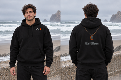 [art:ANOMALY] BFM ANOMALY — Bayside BA960 Black, front and back. AI-generated editorial image; not a photograph of the physical product.