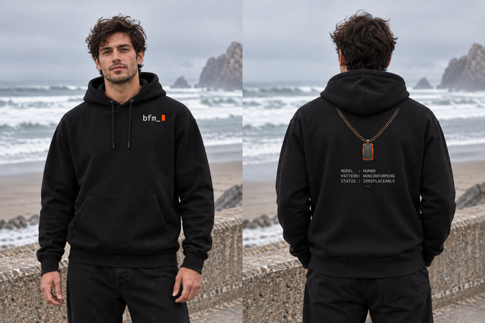[art:ANOMALY] BFM ANOMALY — Bayside BA960 Black, front and back. AI-generated editorial image; not a photograph of the physical product.