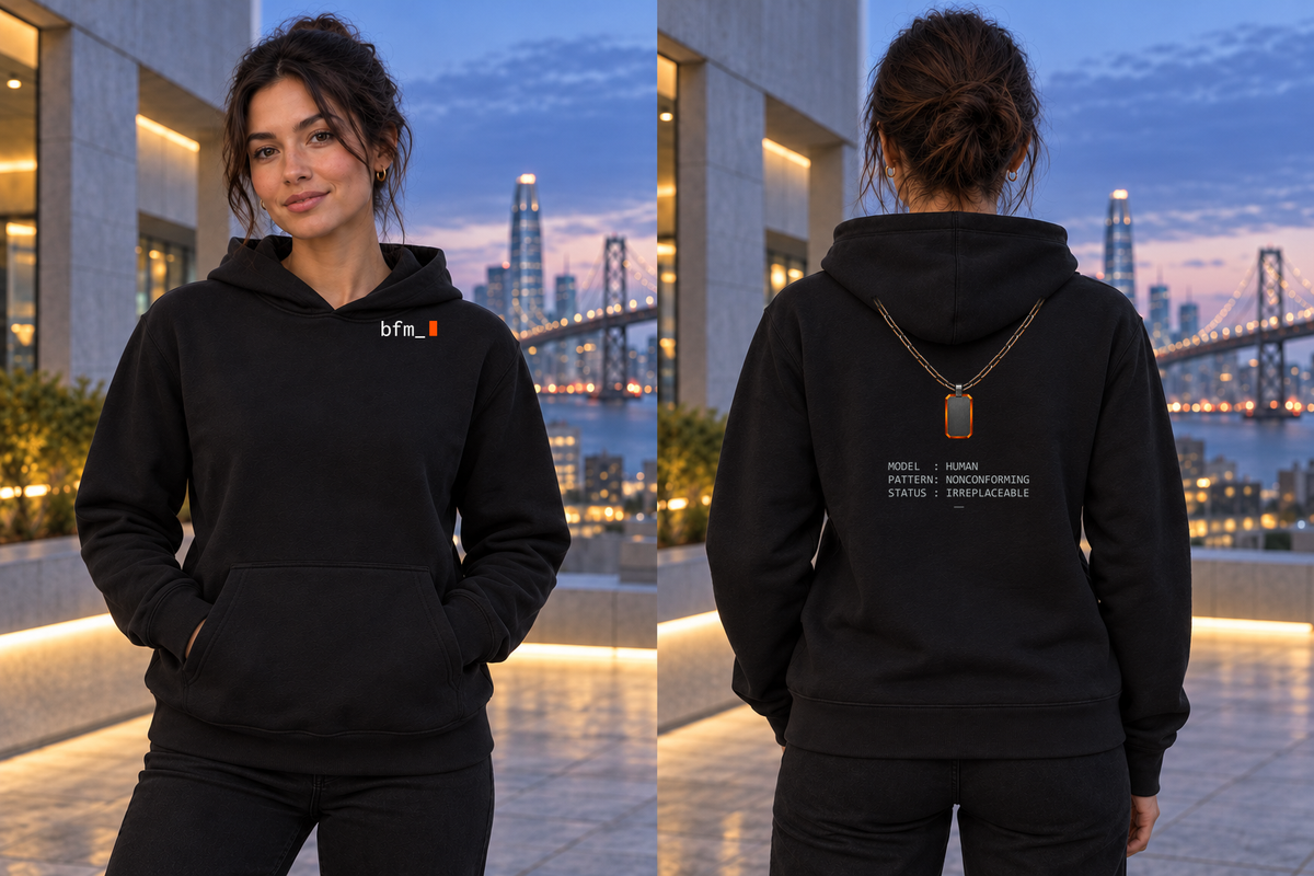 [art:ANOMALY] BFM ANOMALY — Bella Canvas 7519 Black, front and back. AI-generated editorial image; not a photograph of the physical product.