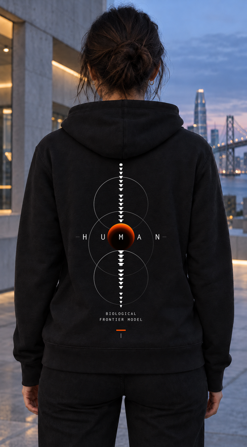 BFM ORIGIN CORE v7 — Bella Canvas 7519 Black, back. AI-generated editorial image; not a photograph of the physical product.
