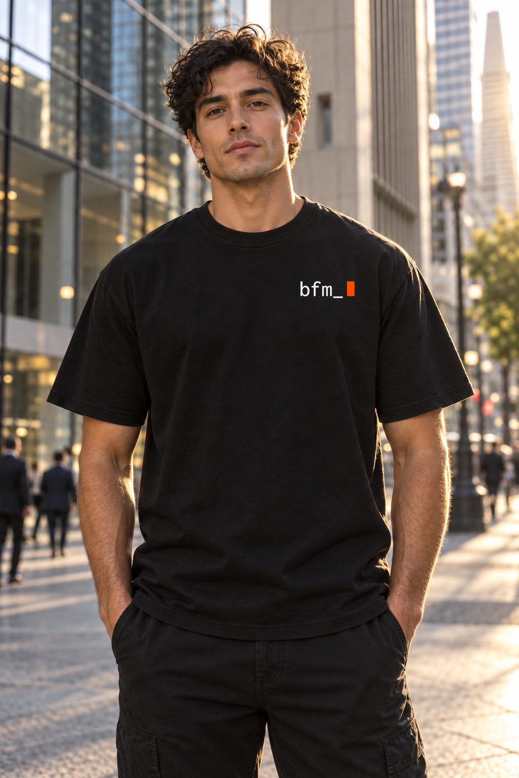 BFM ORIGIN CORE v7 — Bayside 5100 Black, front. AI-generated editorial image; not a photograph of the physical product.