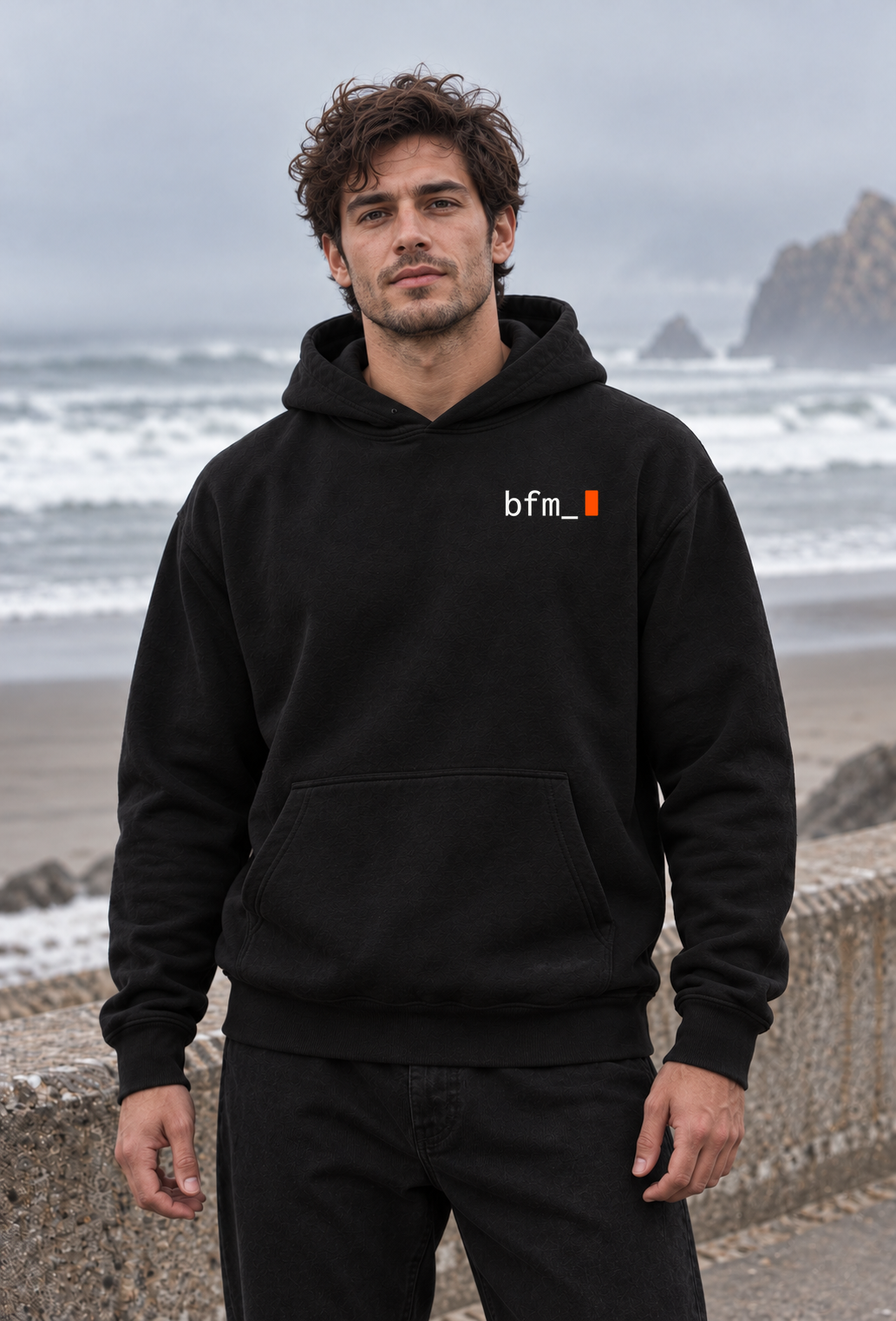 BFM ORIGIN LATENT v2 — Bayside BA960 Black, front. AI-generated editorial image; not a photograph of the physical product.
