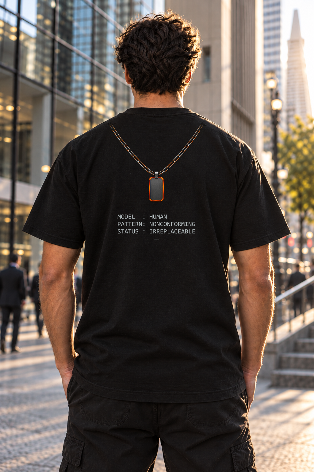 [art:ANOMALY] BFM ANOMALY — Bayside 5100 Black, back detail. AI-generated editorial image; not a photograph of the physical product.