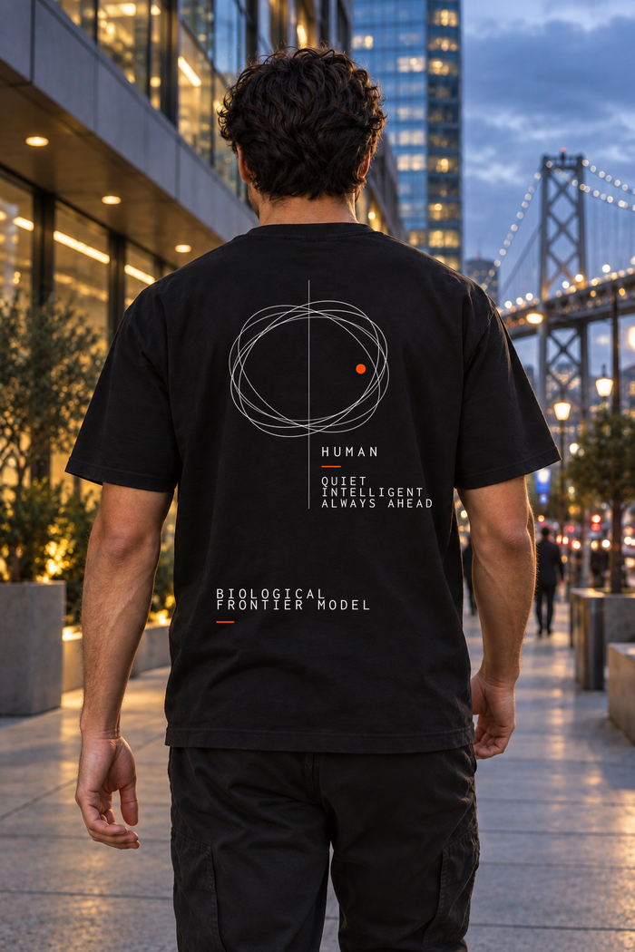 BFM ORIGIN LATENT v2 — Bayside 5100 Black, back. AI-generated editorial image; not a photograph of the physical product.