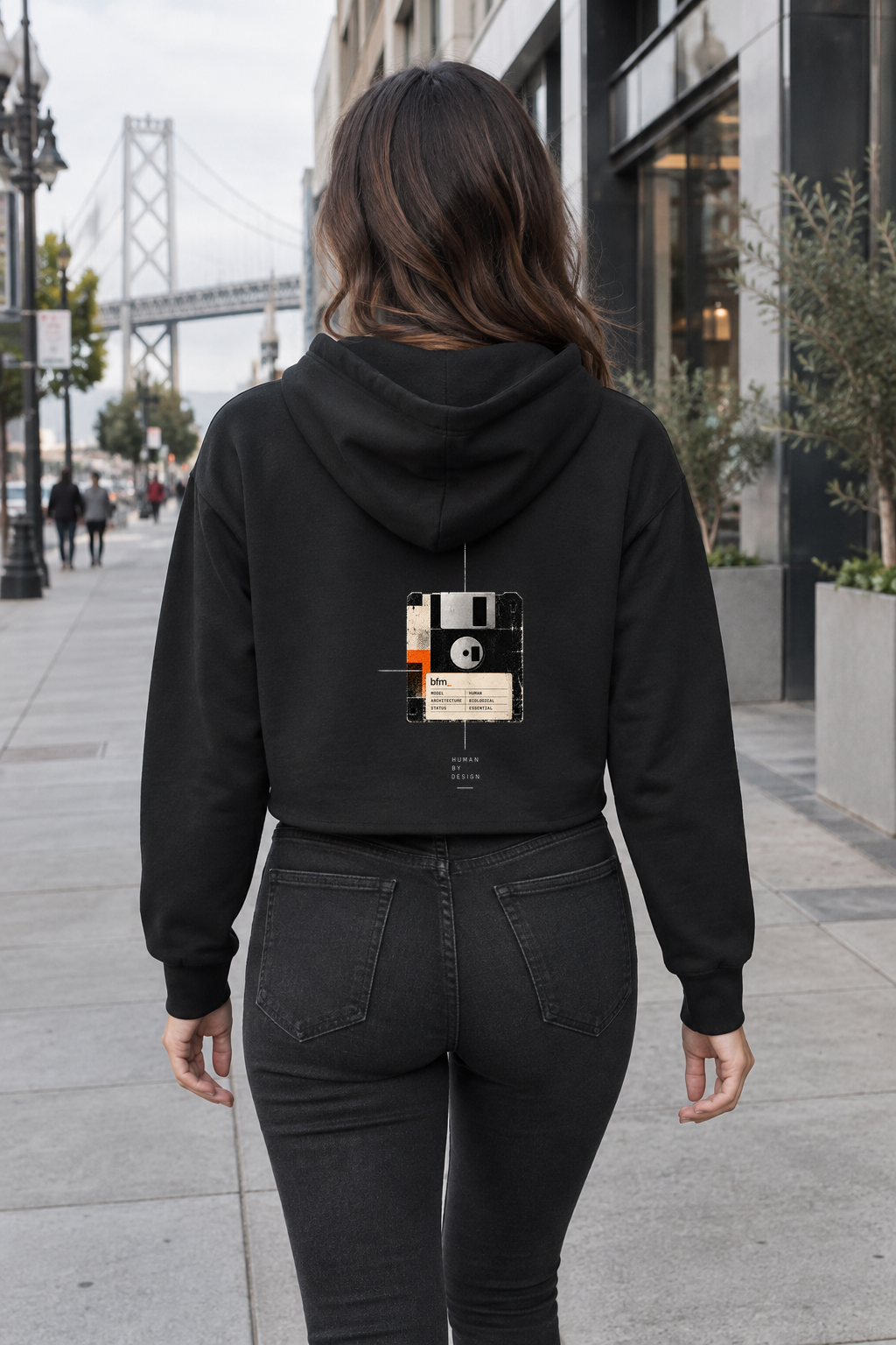 [art:ARCHIVE] BFM ARCHIVE — Bella Canvas 7519 Black, back. AI-generated editorial image; not a photograph of the physical product.