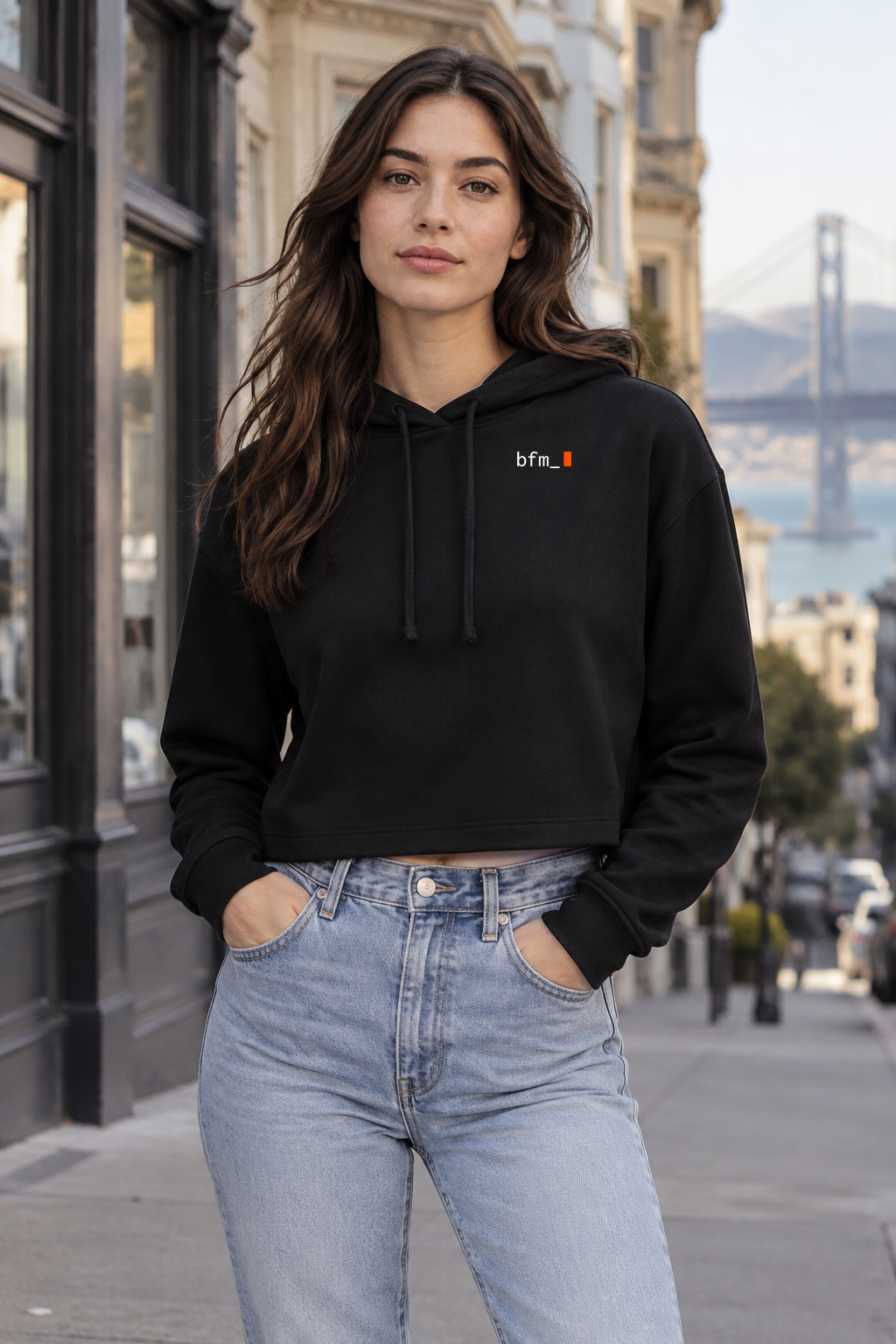 [art:ARCHIVE] BFM ARCHIVE — Bella Canvas 7519 Black, front. AI-generated editorial image; not a photograph of the physical product.