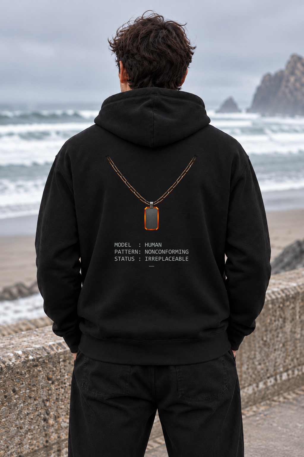 [art:ANOMALY] BFM ANOMALY — Bayside BA960 Black, back detail. AI-generated editorial image; not a photograph of the physical product.