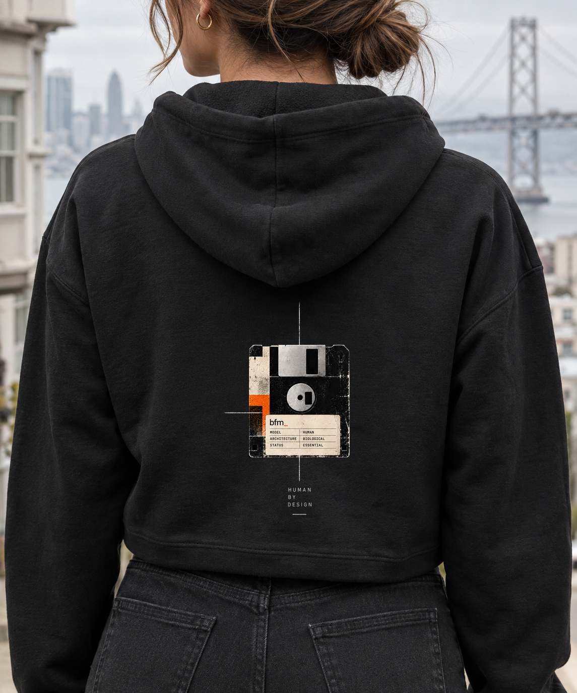 [art:ARCHIVE] BFM ARCHIVE — Bella Canvas 7519 Black, back detail. AI-generated editorial image; not a photograph of the physical product.