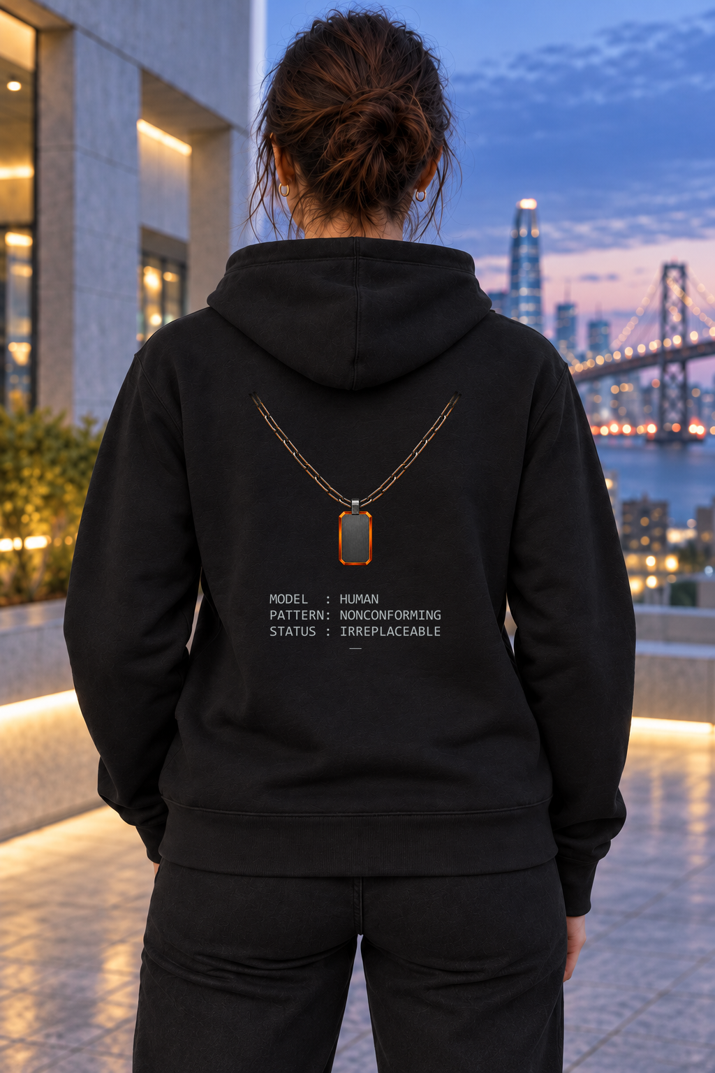 [art:ANOMALY] BFM ANOMALY — Bella Canvas 7519 Black, back detail. AI-generated editorial image; not a photograph of the physical product.