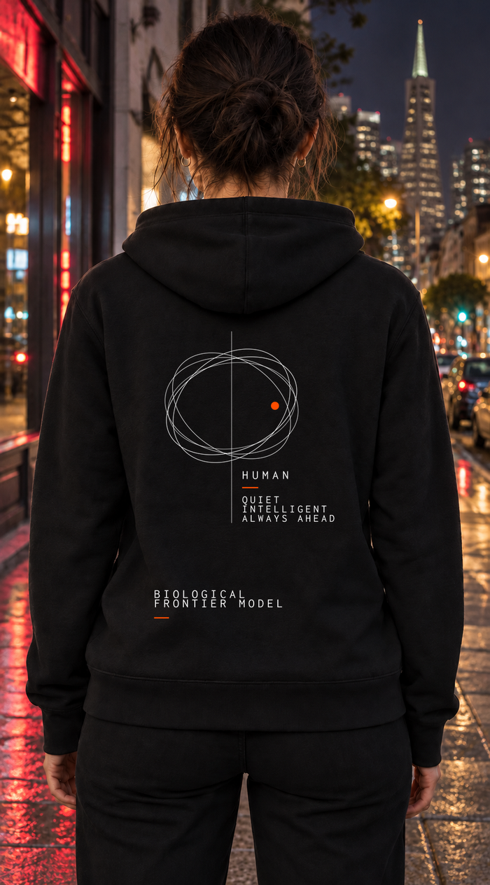 BFM ORIGIN LATENT v2 — Bella Canvas 7519 Black, back. AI-generated editorial image; not a photograph of the physical product.